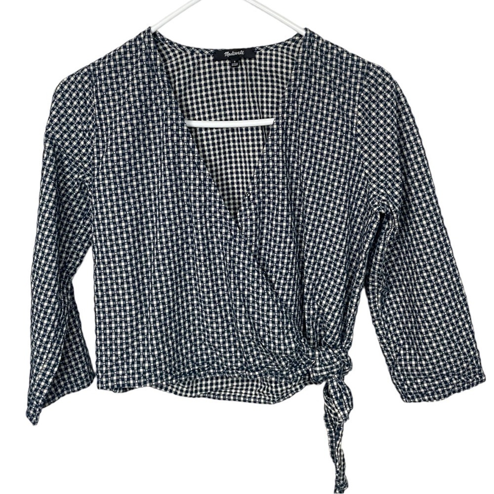 Madewell Blue White Textured Check Gingham Wrap Tie Waist Cropped Top, Small